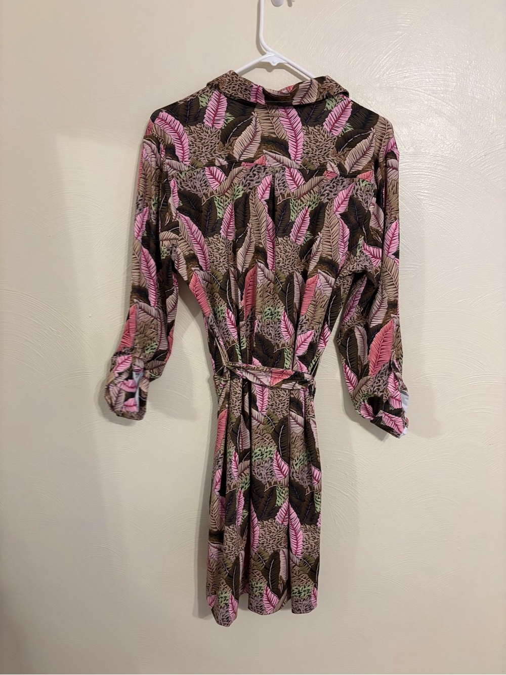 Cabana Life Tropical Leaf Print Belted Shirt Dress Pink Brown Size L - Picture 9 of 9